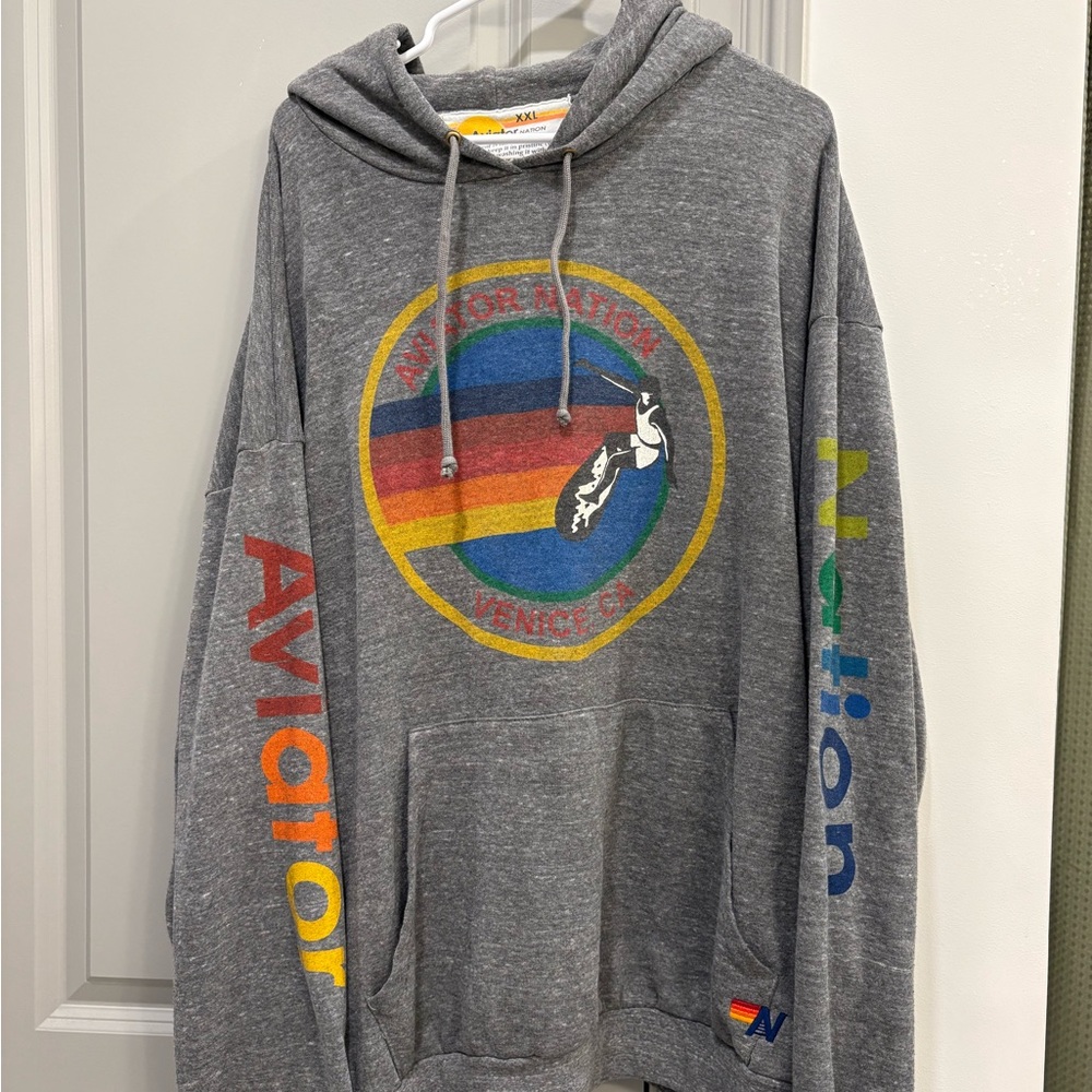 Aviator Nation Gray and Red Sweater with Rainbow Emblem